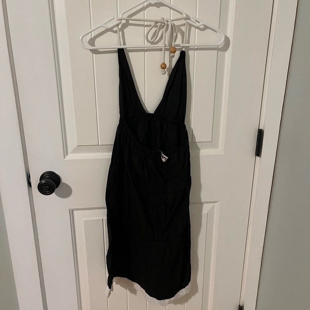 Black cotton halter beach dress with white lace and rope details